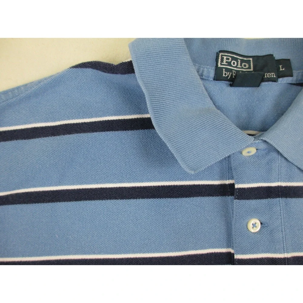 Ralph Lauren Polo Shirt Mens Large Blue Orange Pony Striped Cotton‎ Casual*
